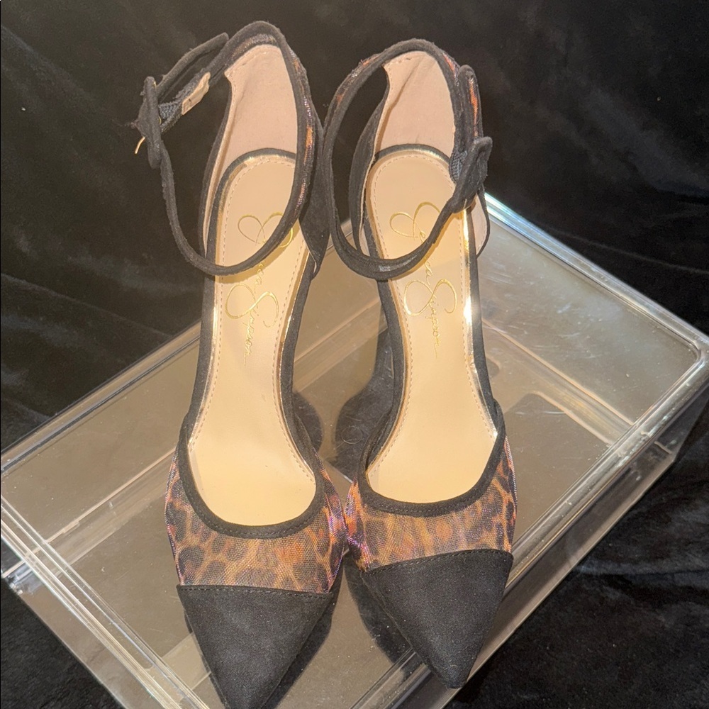 NEW JESSICA SIMPSON Size 7m Black Multi Leopard Ankle Strap Shoes - Picture 2 of 10